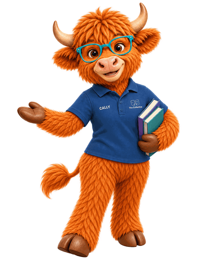 Cally, The Collective's digital companion, wearing a blue Collective polo shirt, holding books and welcoming you to the Library
