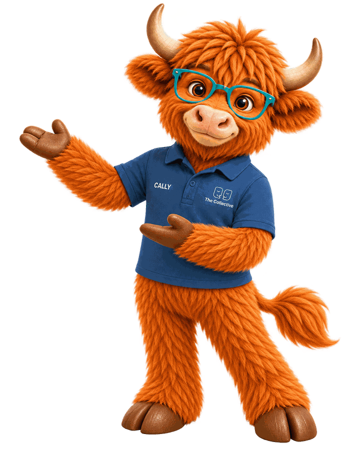 Cally, The Collective's digital companion, wearing a blue Collective polo shirt, gesturing to present something